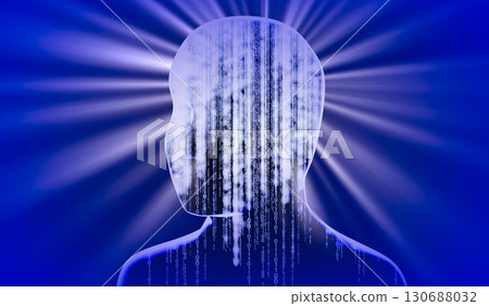 Geometrical man face with binary code and rays of light - 3D illustration Geometrical man face with binary code and rays of light - 3D illustration 130688032