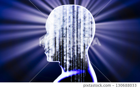 Geometrical man face with binary code and rays of light - 3D illustration 130688033