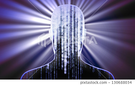 Geometrical man face with binary code and rays of light - 3D illustration Geometrical man face with binary code and rays of light - 3D illustration 130688034