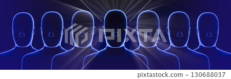 Geometrical men faces and rays of light - 3D illustration Geometrical men faces and rays of light - 3D illustration 130688037