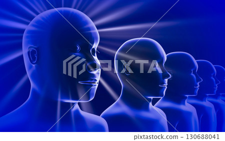 Geometrical men faces  and rays of light - 3D illustration 130688041