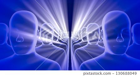 Geometrical men faces and rays of light - 3D illustration Geometrical men faces and rays of light - 3D illustration 130688049