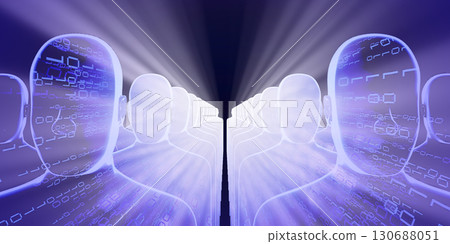 Geometrical men faces with binary code and rays of light - 3D illustration Geometrical men faces with binary code and rays of light - 3D illustration 130688051