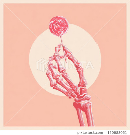 Stylized skeleton hand gracefully holding a pink lollipop on a soft peach background. Playful contrast of death and sweetness in a minimalist style. Halloween background 130688061