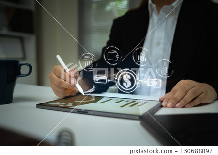 Concept of fintech, e-wallets, and transactions shown with virtual finance and money transfer icons Concept of fintech, e-wallets, and transactions shown with virtual finance and money transfer icons 130688092