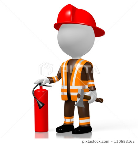 Cartoon fireman with extinguisher on white background 130688162