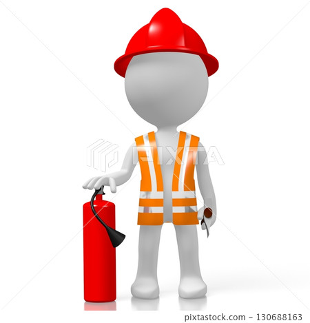 Cartoon fireman with extinguisher on white background Cartoon fireman with extinguisher on white background 130688163