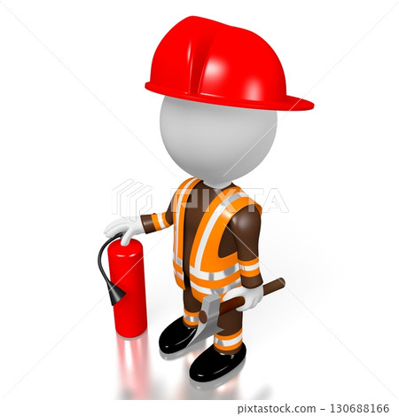 Cartoon fireman with extinguisher on white background Cartoon fireman with extinguisher on white background 130688166