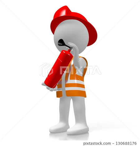 Cartoon fireman holding fire extinguisher on white background Cartoon fireman holding fire extinguisher on white background 130688176