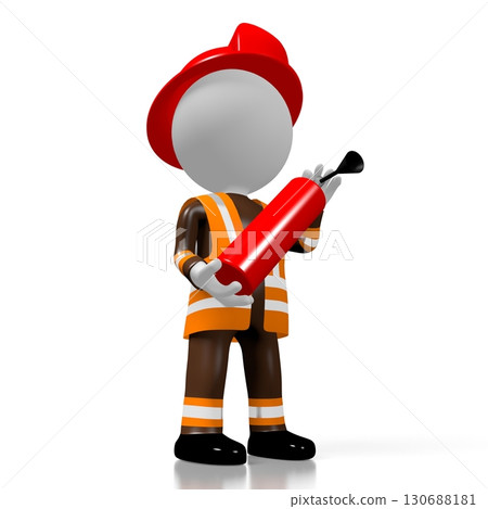 Cartoon fireman holding fire extinguisher on white background 130688181