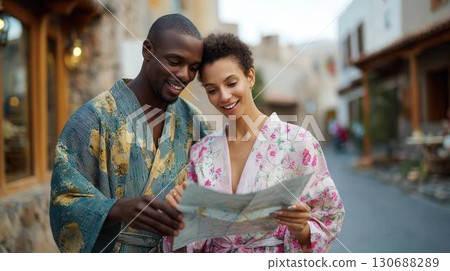 一對穿著和服的外國夫婦在日本古鎮展開地圖 130688289