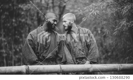 Two men in kimonos facing each other in a bamboo forest (monochrome) 130688290