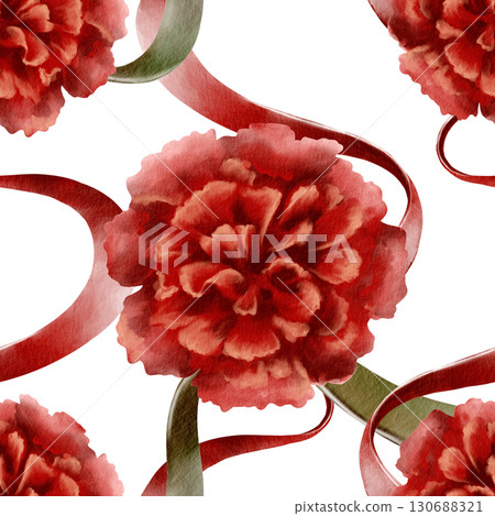Portuguese revolution of carnations symbols red flower with ribbons colored national flag symbolizing freedom,peaceful change in the nation's life,and democracy.Watercolor hand drawn seamless pattern 130688321