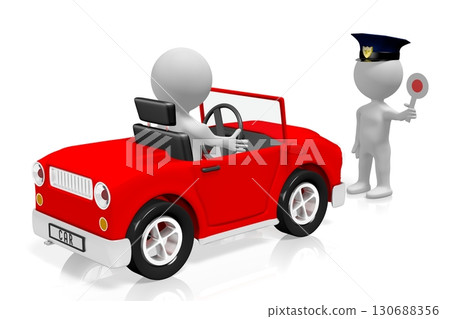 Traffic control - policeman stops the driver - 3D illustration Traffic control - policeman stops the driver - 3D illustration 130688356