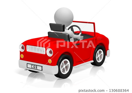 Cartoon character drives in red car - 3D illustration 130688364