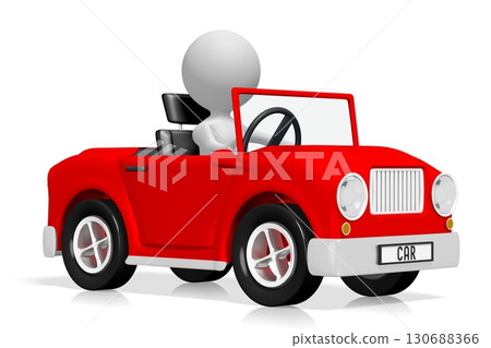 Cartoon character drives in red car - 3D illustration 130688366