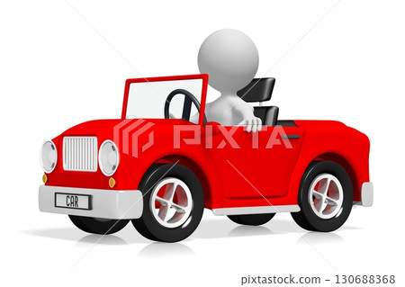 Cartoon character drives in red car - 3D illustration 130688368