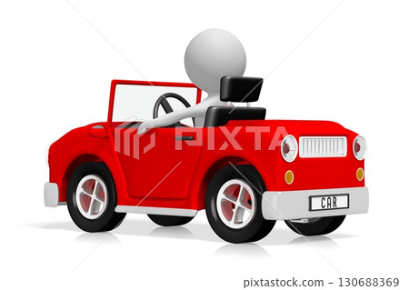 Cartoon character drives in red car - 3D illustration 130688369