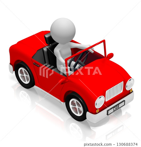Cartoon character drives in red car - 3D illustration 130688374