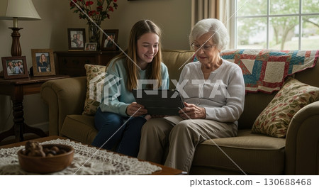 Teenage Grandchild Patiently Teaching its Grandparent How to Use a Tablet on a Cozy Sofa Teenage Grandchild Patiently Teaching its Grandparent How to Use a Tablet on a Cozy Sofa 130688468