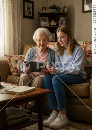 Teenage Grandchild Patiently Teaching its Grandparent How to Use a Tablet on a Cozy Sofa Teenage Grandchild Patiently Teaching its Grandparent How to Use a Tablet on a Cozy Sofa 130688473