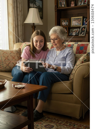 Teenage Grandchild Patiently Teaching its Grandparent How to Use a Tablet on a Cozy Sofa 130688474