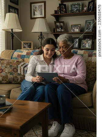 Teenage Grandchild Patiently Teaching its Grandparent How to Use a Tablet on a Cozy Sofa Teenage Grandchild Patiently Teaching its Grandparent How to Use a Tablet on a Cozy Sofa 130688476