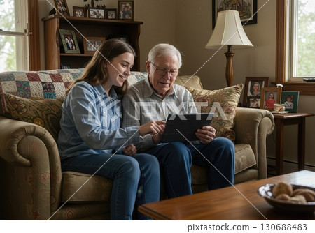 Teenage Grandchild Patiently Teaching its Grandparent How to Use a Tablet on a Cozy Sofa 130688483