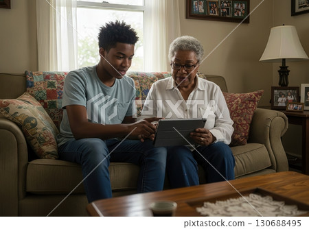 Teenage Grandchild Patiently Teaching its Grandparent How to Use a Tablet on a Cozy Sofa 130688495