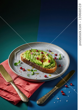 Vibrant and Dramatic Avocado Toast with Microgreens on a Jewel Toned Background for Social Media 130688519