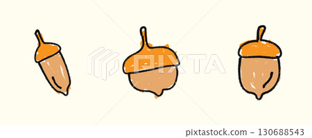 Whimsical hand drawn acorn in doodle sketch style with marker texture. Autumn harvest, oak nut, rustic forest element, seasonal decoration. Flat vector illustration isolated on background. Whimsical hand drawn acorn in doodle sketch style with marker texture. Autumn harvest, oak nut, rustic forest element, seasonal decoration. Flat vector illustration isolated on background. 130688543