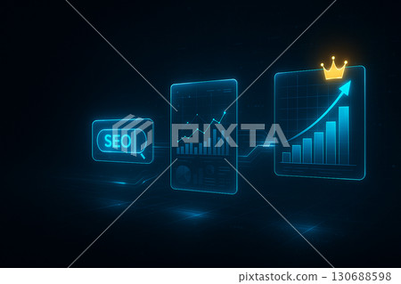 未來派全像 UI 面板中呈現的 SEO 流程概念 130688598