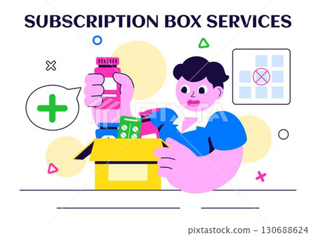 Subscription Box Services Vector Illustration featuring Product Delivery to Customers at Regular Costs as Part of a Marketing Strategy in a Background 130688624