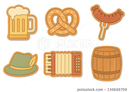 Octoberfest icons set featuring beer, pretzel, sausage, hat, accordion, barrel. Isolated on transparent background 130688709