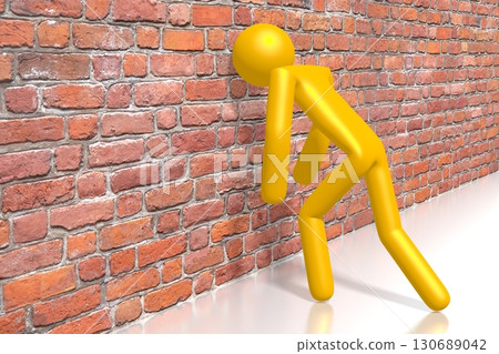 Cartoon character banging head against the wall - disappointment concept - 3D illustration Cartoon character banging head against the wall - disappointment concept - 3D illustration 130689042