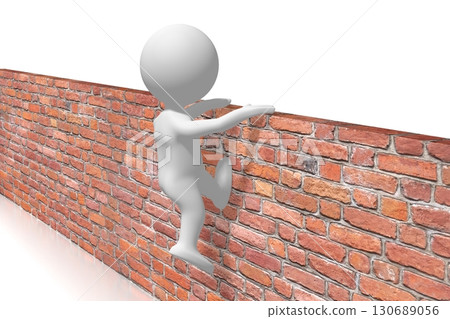 Cartoon character jumps over a wall - conquering adversity concept - 3D illustration 130689056