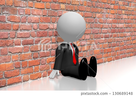 Sad cartoon character sitting beside a wall - depression concept - 3D illustration Sad cartoon character sitting beside a wall - depression concept - 3D illustration 130689148