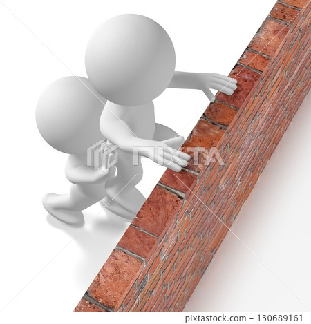 One cartoon character helps another getting over the wall - 3D illustration One cartoon character helps another getting over the wall - 3D illustration 130689161