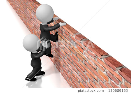 One cartoon character helps another getting over the wall - 3D illustration 130689163
