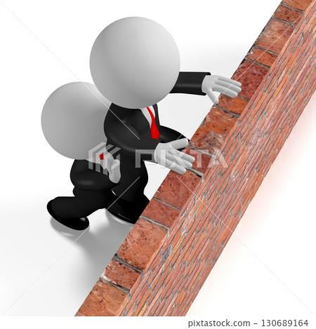 One cartoon character helps another getting over the wall - 3D illustration One cartoon character helps another getting over the wall - 3D illustration 130689164