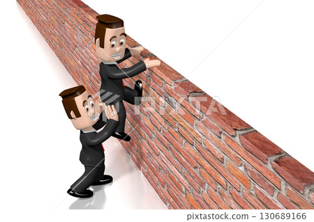 One cartoon character helps another getting over the wall - 3D illustration One cartoon character helps another getting over the wall - 3D illustration 130689166