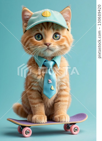 Cute kitten poses in bright colorful clothes on a skateboard Cute kitten poses in bright colorful clothes on a skateboard 130689420