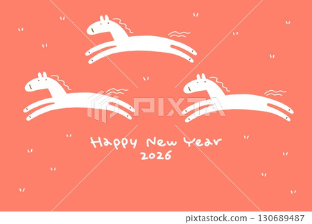簡單可愛的三匹奔跑的白馬新年賀卡，2026，草地，紅色 130689487