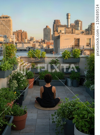 Person Meditating in a Serene Rooftop Garden Oasis Amidst a Bustling Urban Cityscape 130689514