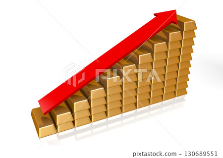 Upwards arrow and gold ingots - value growth concept - 3D illustration 130689551