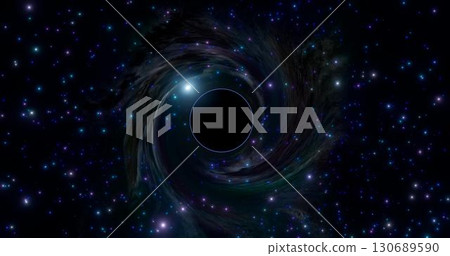 Black hole above the star field in outer space. Distortion of light passing through the massive body. 3d illustration 130689590