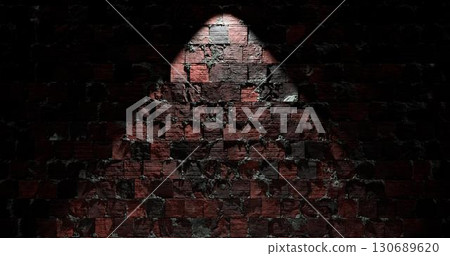 3d rendering. Brick wall illuminated by neon pink light from spotlights. Abstract background Light effect on a serving surface. 130689620