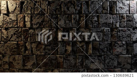 3d rendering. Brick wall illuminated by neon pink light from spotlights. Abstract background Light effect on a serving surface. 130689621