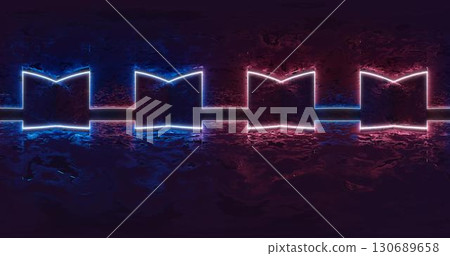 3d rendering. 360 degree spherical seamless vr panorama. Abstract empty dark interior with neon lighting, HDRI environment map of exhibition gallery with glossy walls. 130689658