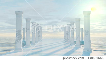 3d rendering. Round and avenue of marble stone and old dilapidated columns, illuminated by sunlight at sunset, is located on the water surface of the ocean with clouds. 130689666